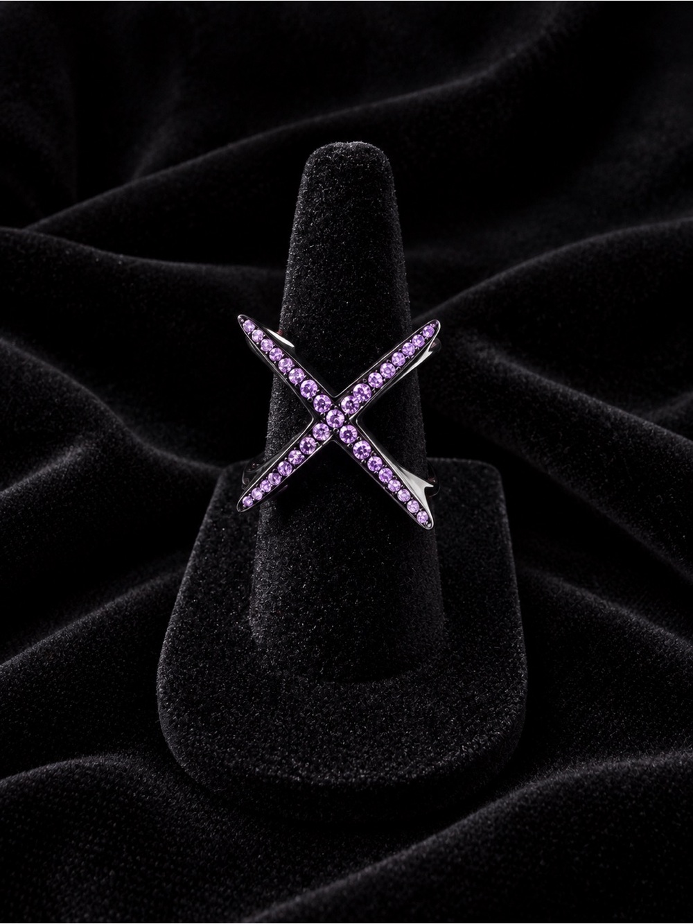 Black Stainless Steel X-Shape Purple Crystal Ring Size 5